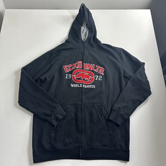 Vintage Ecko UNLTD Hoodie Mens XXL 2XL Black Red Spell Out Logo Full Zip Y2K - Picture 1 of 9